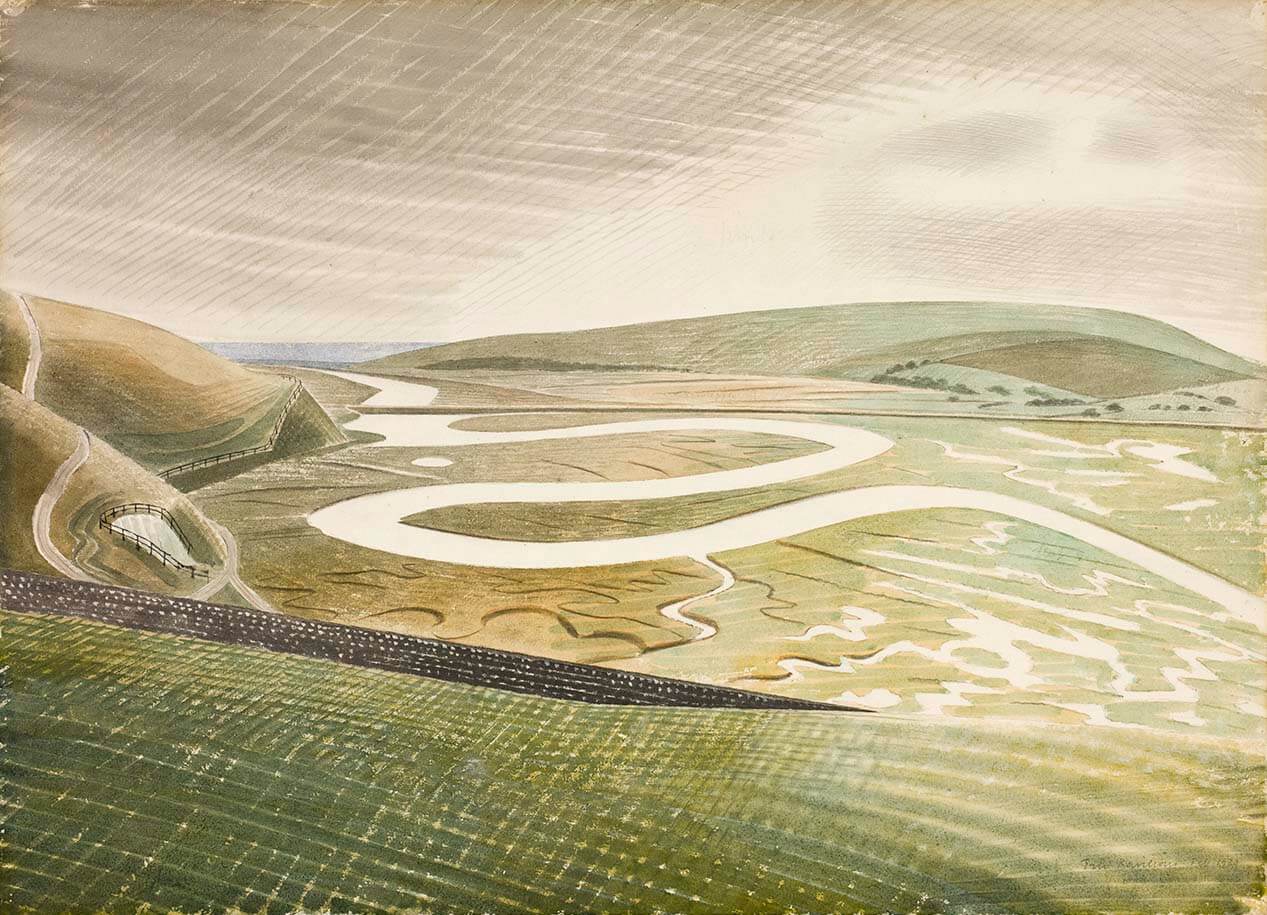 A watercolour painting of a chalky path snaking through green hills. The sky is an overcast grey.